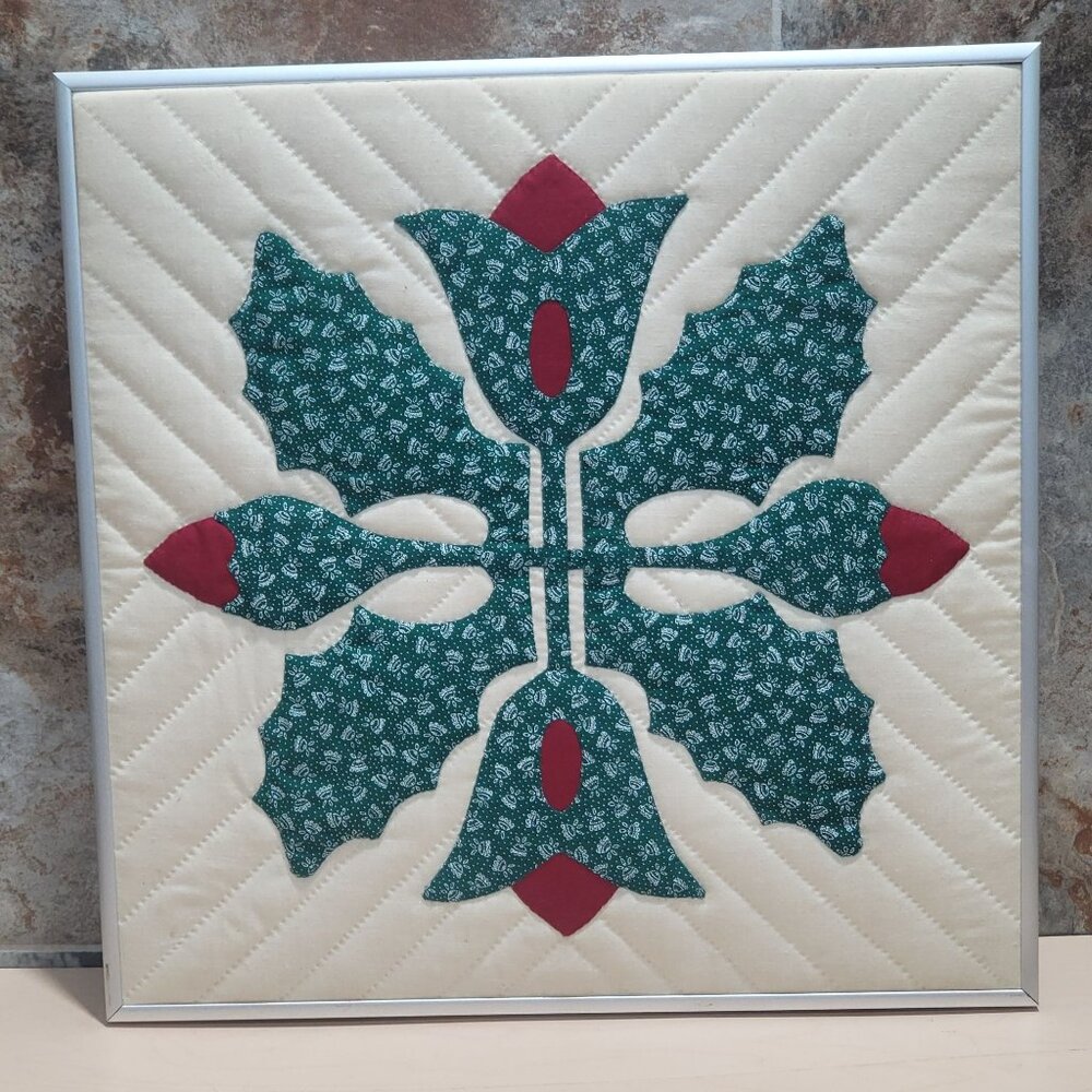 Framed Oak Leaf and Reel Princess Feather Appliqué Pattern Quilt Hanging Wall Ar